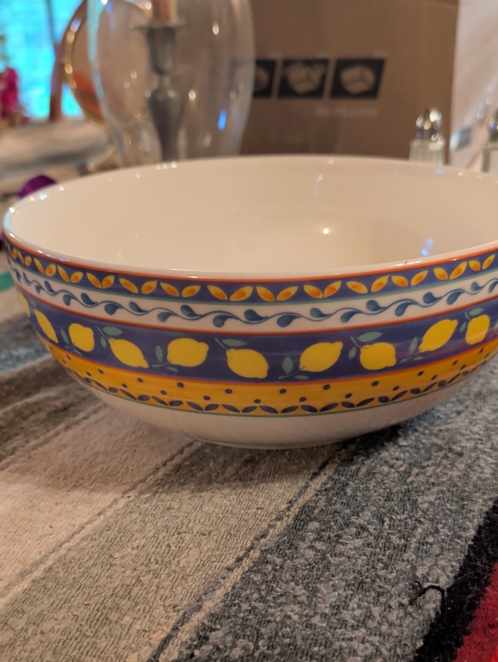 Ceramic Serving Bowl in Yellow and Blue - Decorative Fruit Pattern